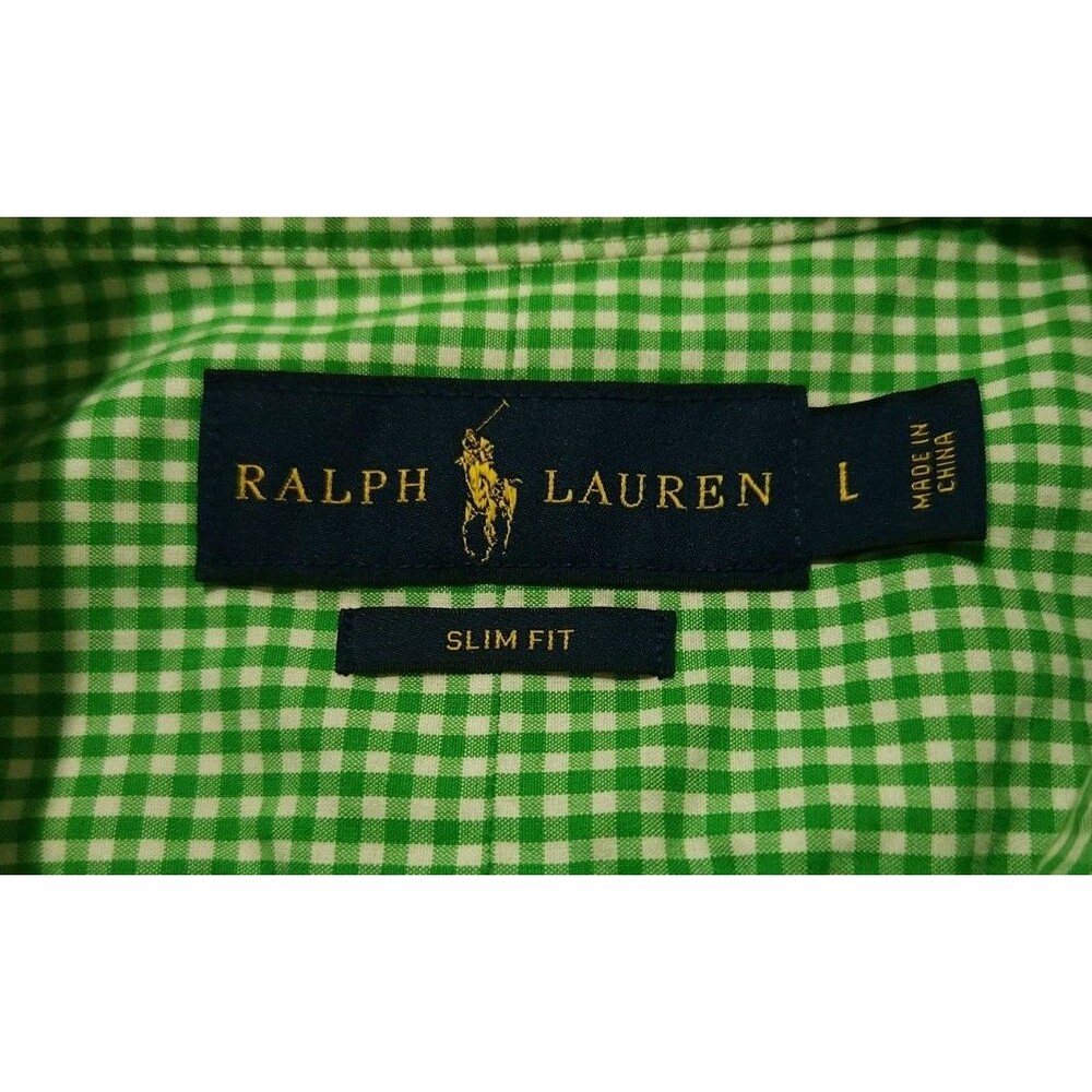 Polo Ralph Lauren Men Large L Slim Fit Gingham Button Down Shirt Green Cotton - Picture 8 of 9